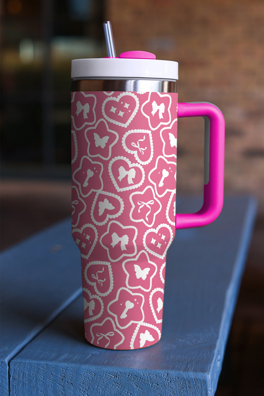 Rose Red Star Heart Shape Printed Thermos Cup with Handle 40oz