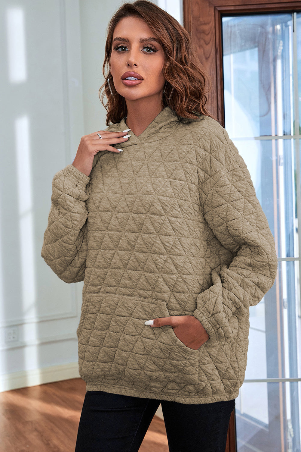 Pale Khaki Solid Color Quilted Kangaroo Pocket Hoodie