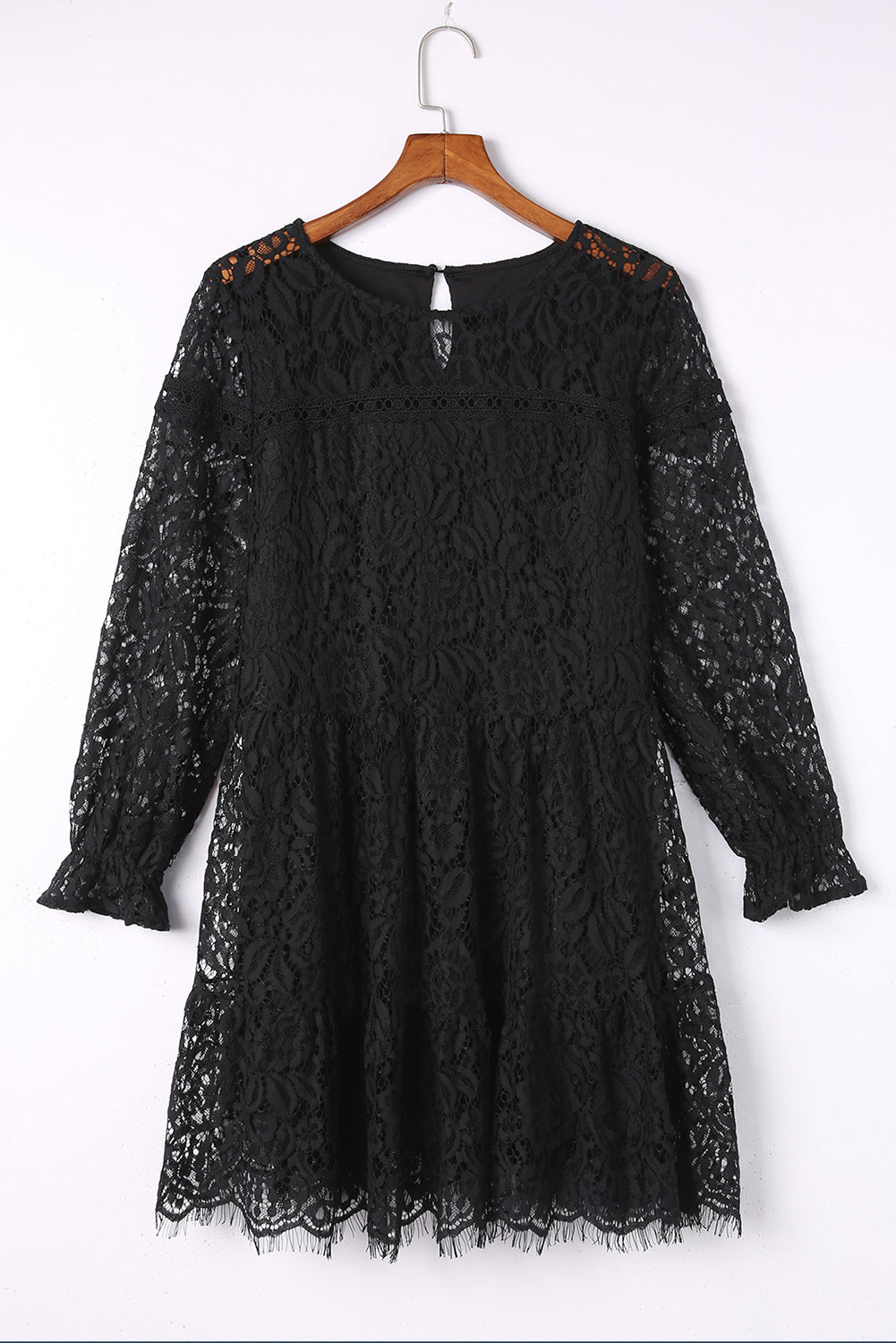 Black Lace Splicing Long Sleeve Mini Dress