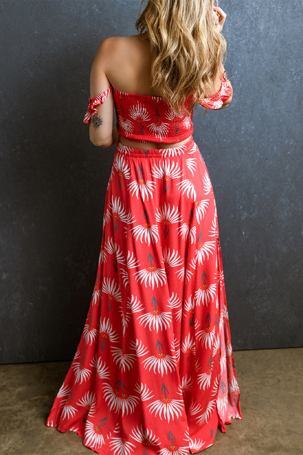 Red Floral Shirred Off Shoulder Crop Top and Slit Maxi Skirt Set