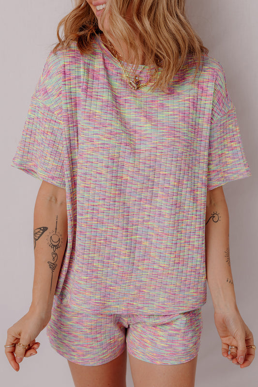 Multicolour Printed Ribbed Knit T Shirt and Shorts Lounge Set