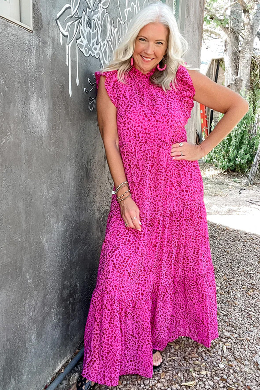 Rose Red Leopard Print Ruffled Trim Tiered Maxi Dress Trendy Doll