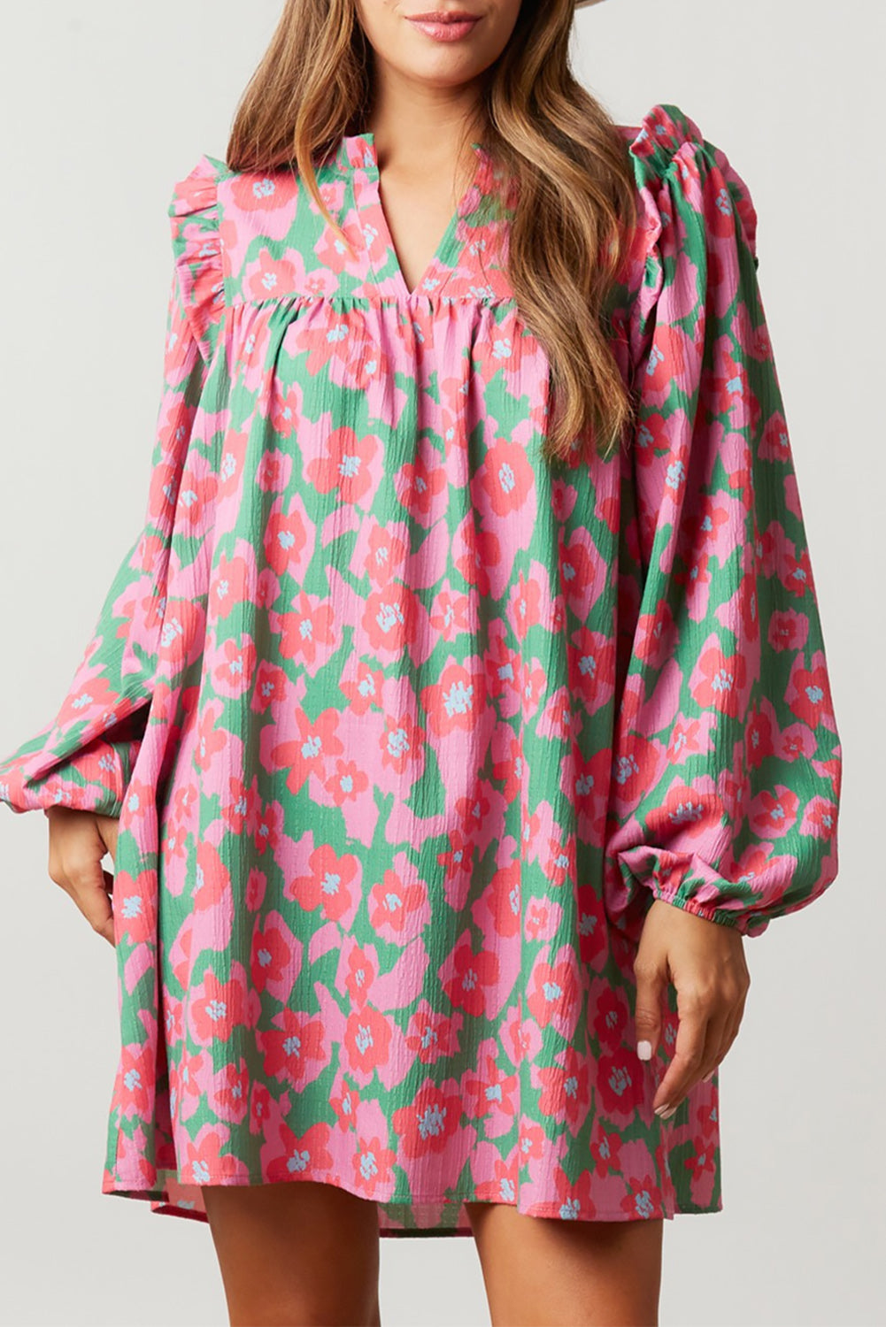 Pink Split V Neck Bubble Sleeve Loose Floral Dress