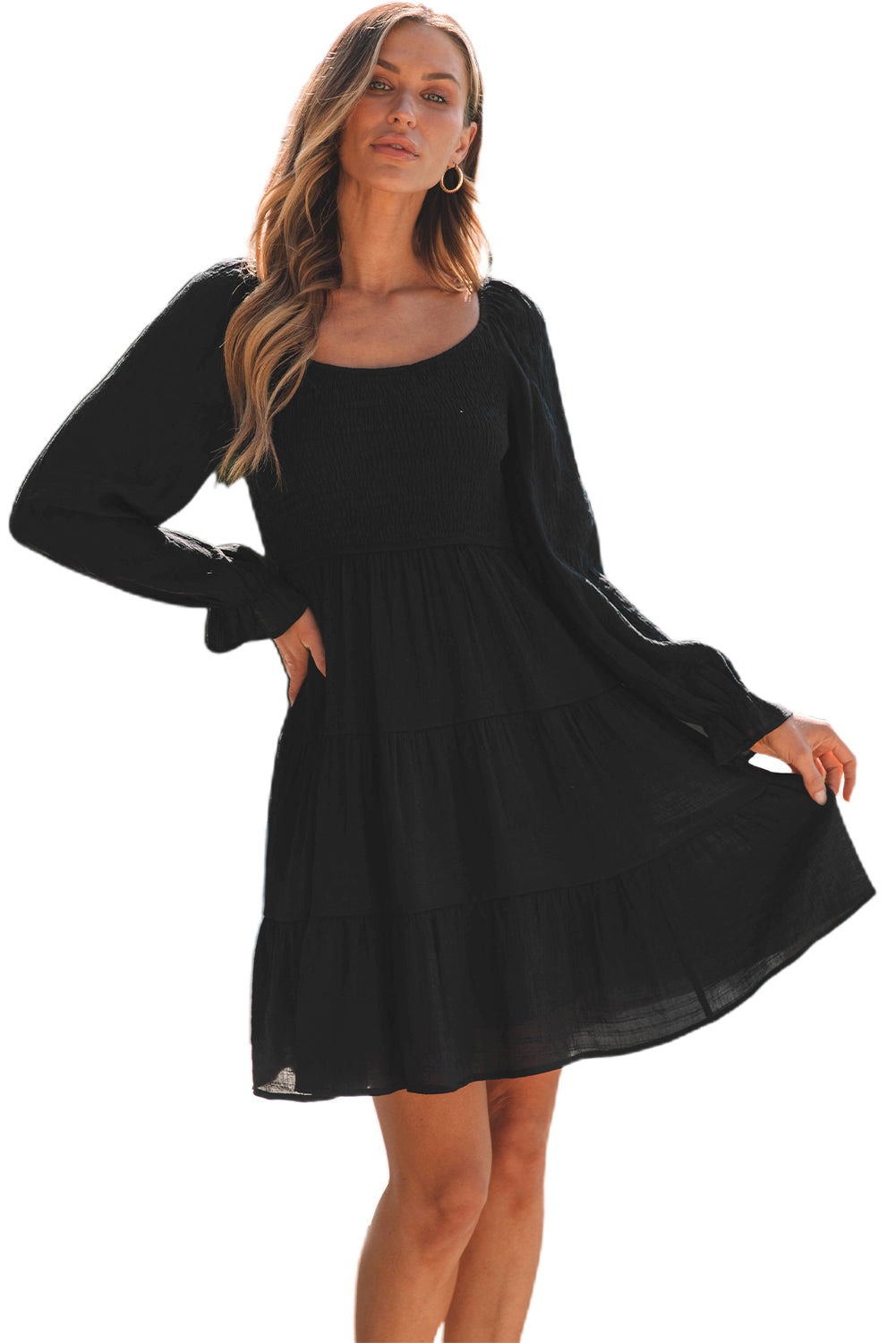 Black Bishop Sleeve Smocked Tiered Mini Dress