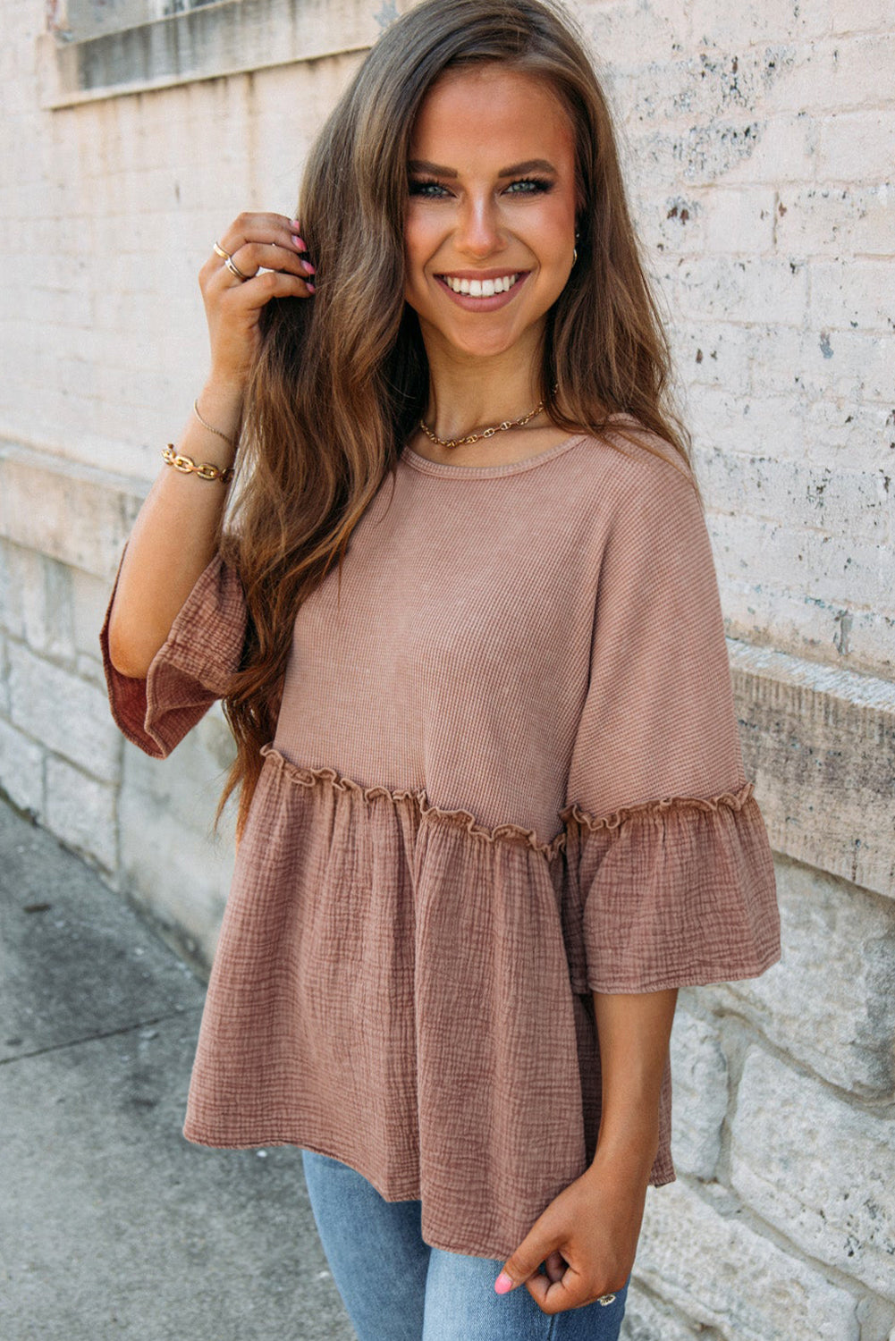 Multicolor 3/4 Ruffled Sleeve Textured Peplum Top