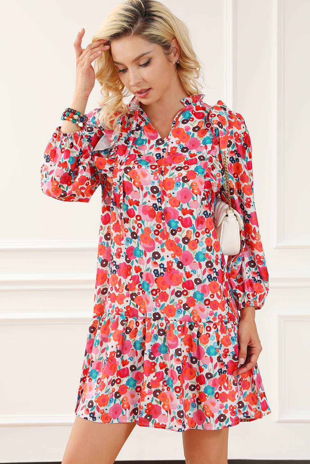 Multicolour Ruffle Split Neck Floral Long Sleeve Dress