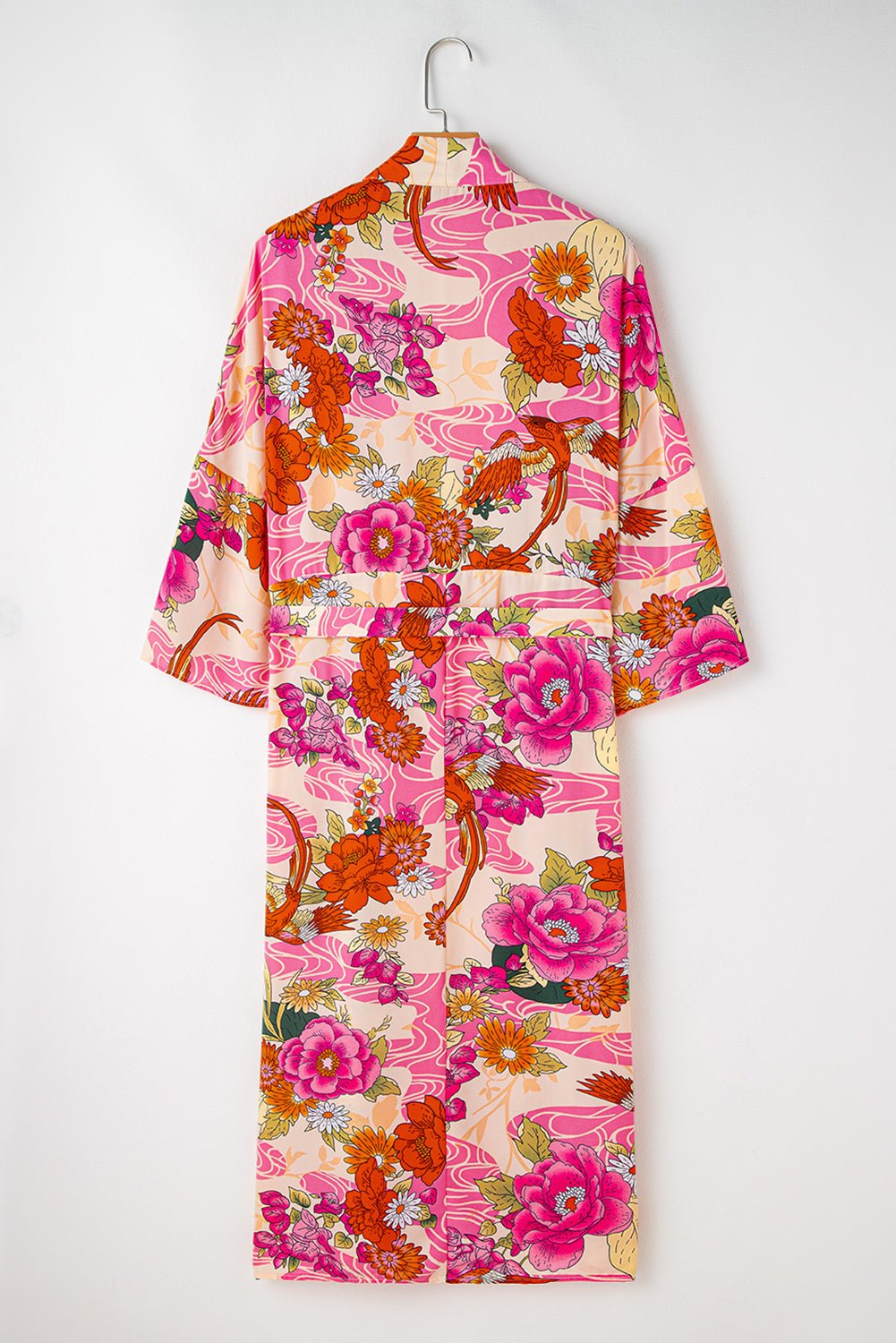 Pink Floral Allover Print Open Front Belted Duster Kimono