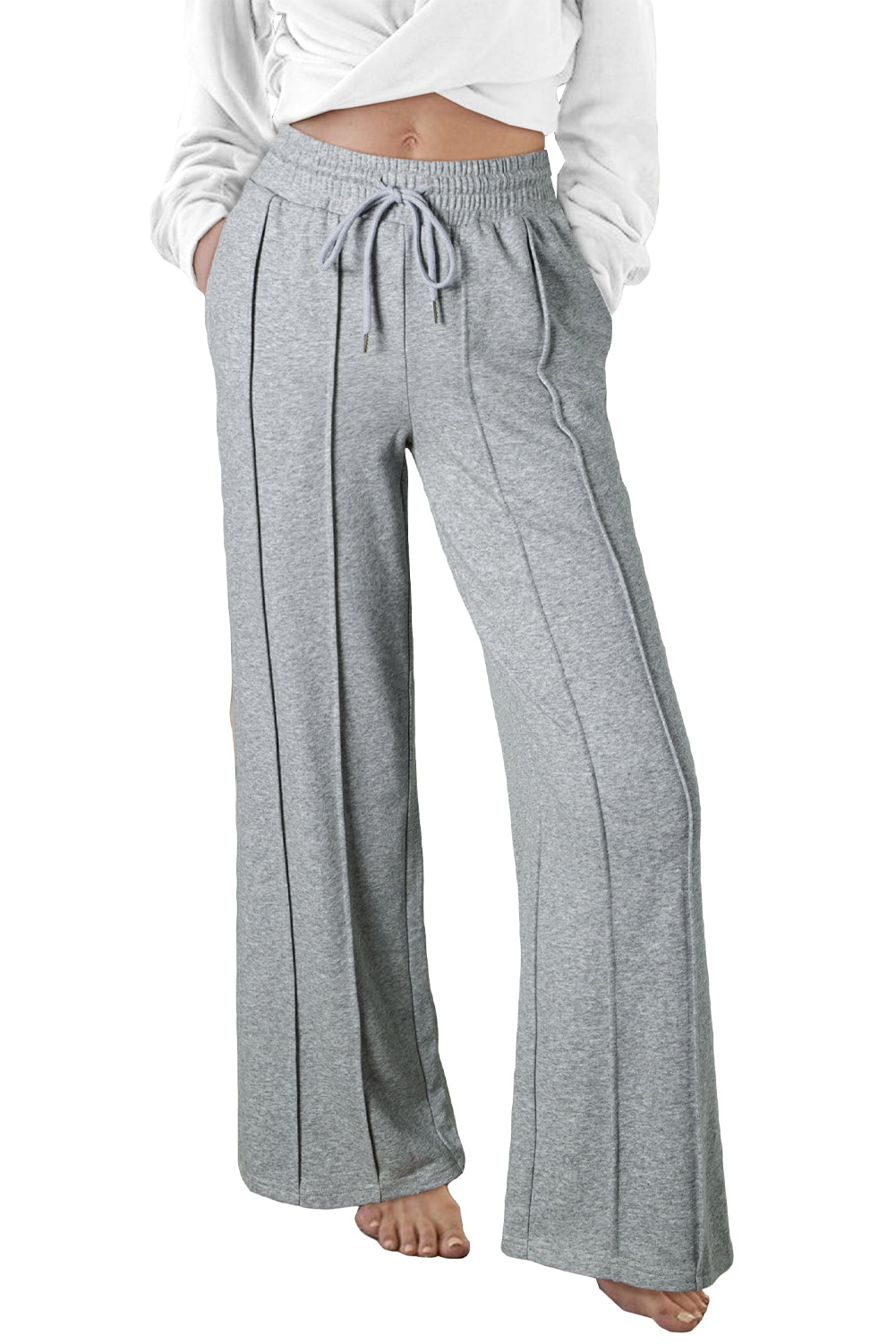 Gray Seamed Drawstring High Waist Wide Leg Sweatpants