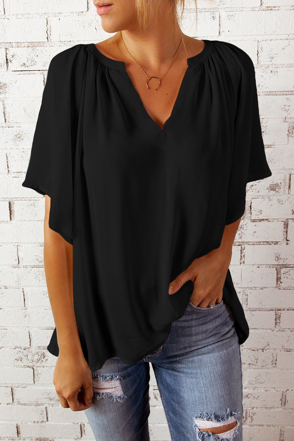 Black Split Neck Pleated Loose Top