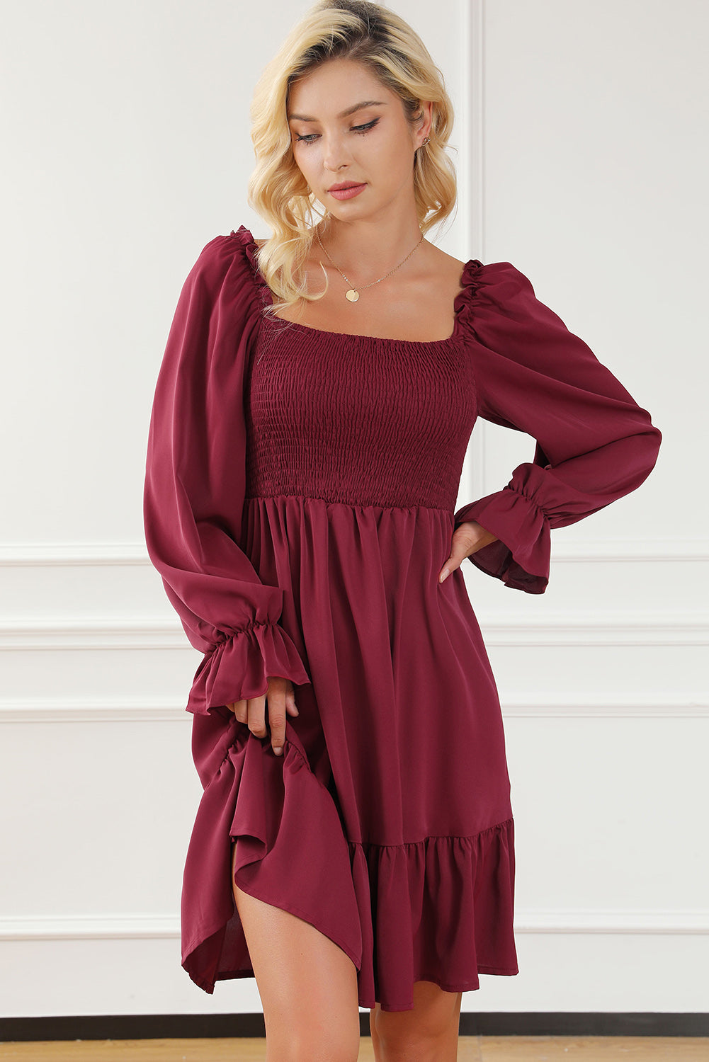 Burgundy Smocked Puff Sleeve Ruffle Mini Dress