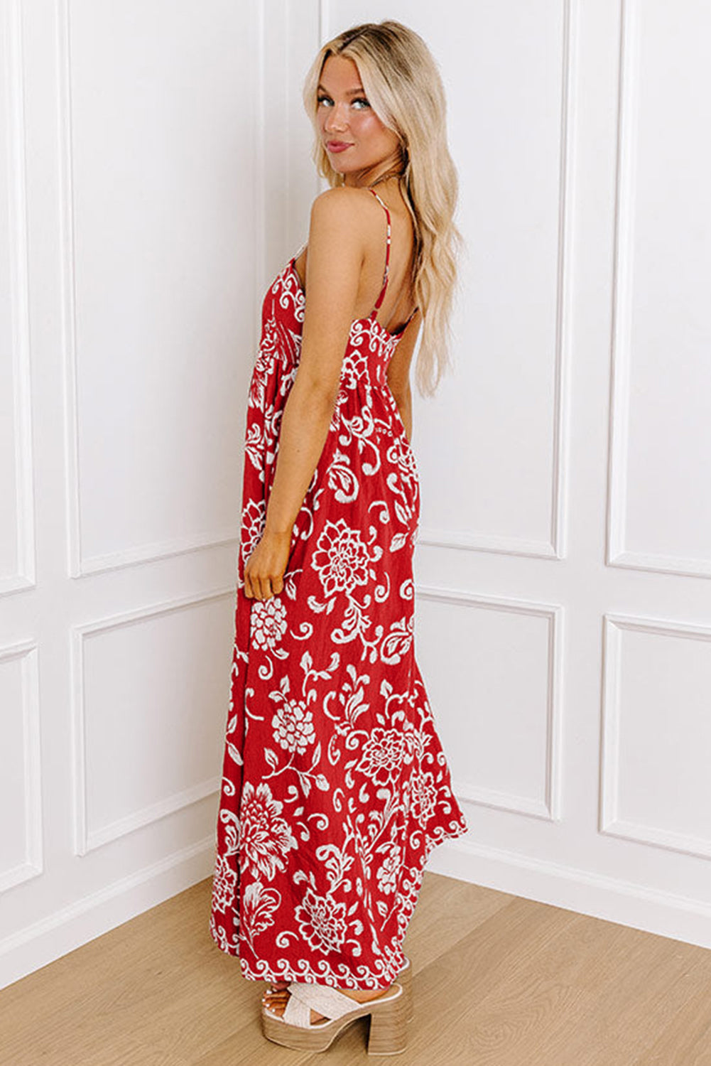 Red Floral Printed Spaghetti Strap Empire Waist Maxi Dress