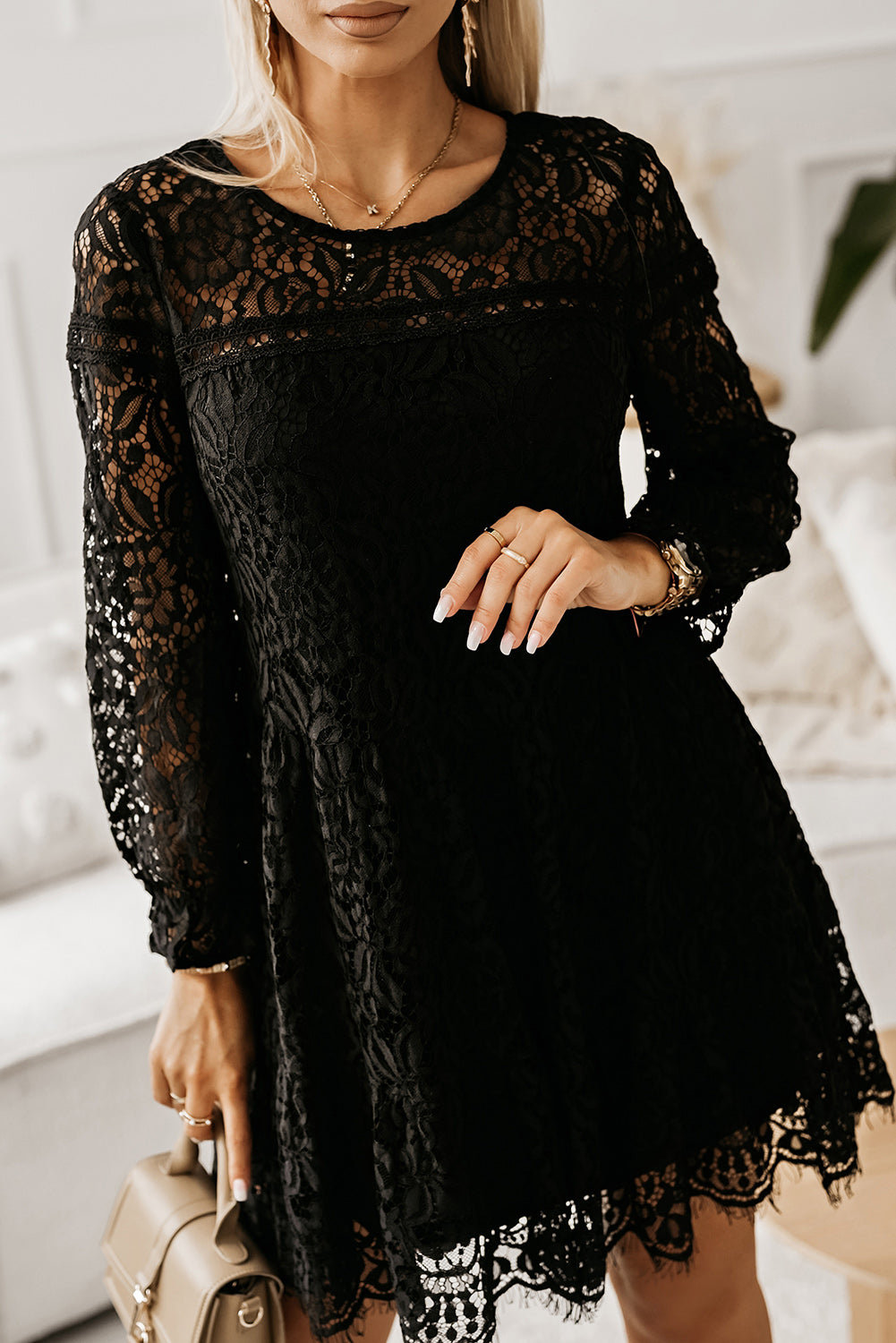 Black Lace Splicing Long Sleeve Mini Dress