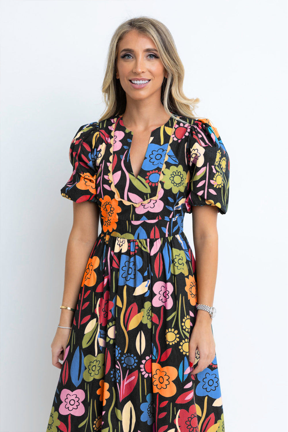 Black Retro Floral Printed Split Neck Maxi Dress