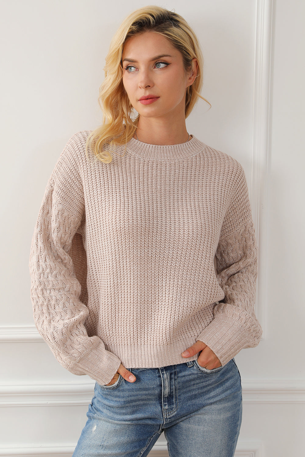 Parchment Cable Knit Sleeve Drop Shoulder Sweater