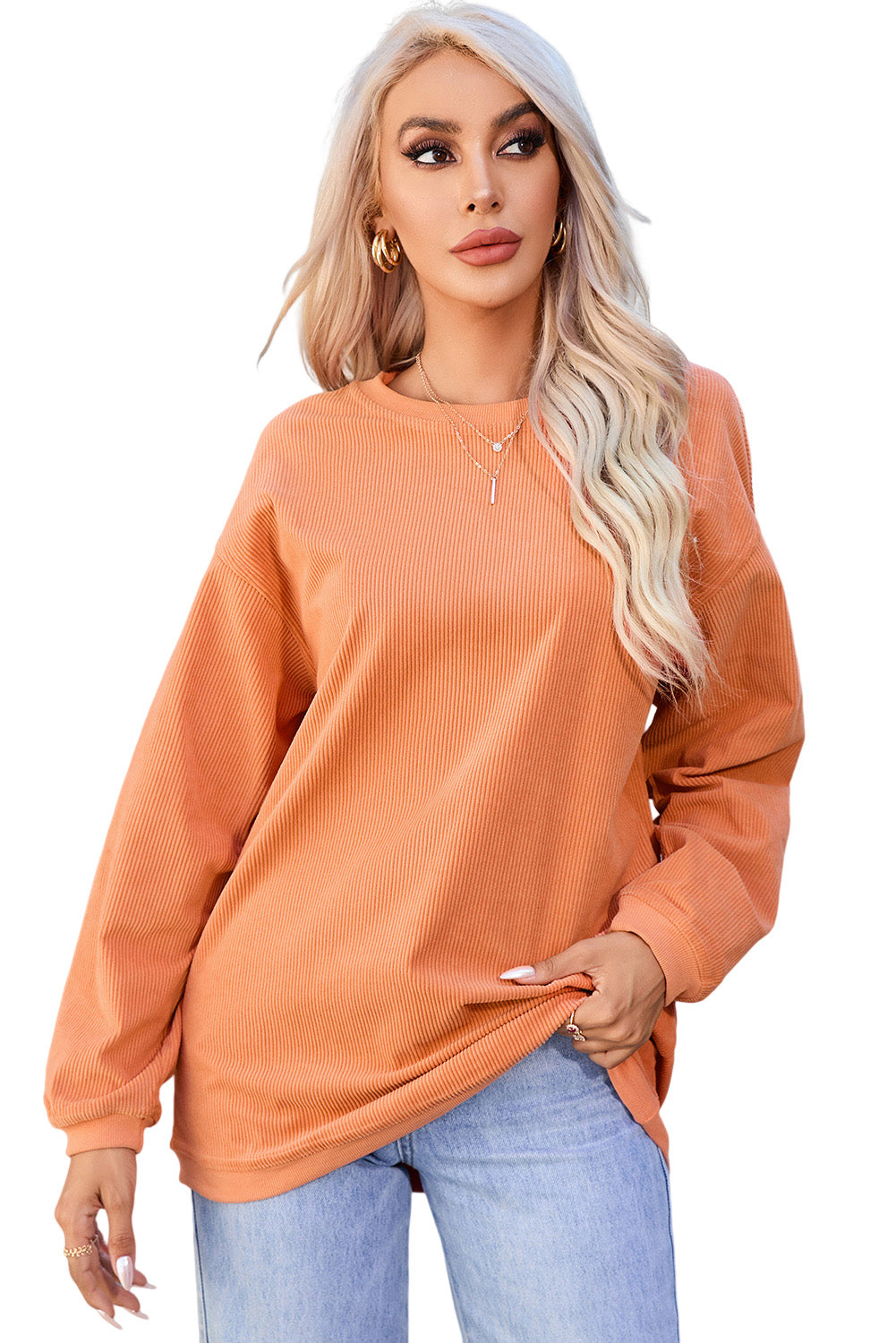 Orange Ribbed Corded Oversized Sweatshirt