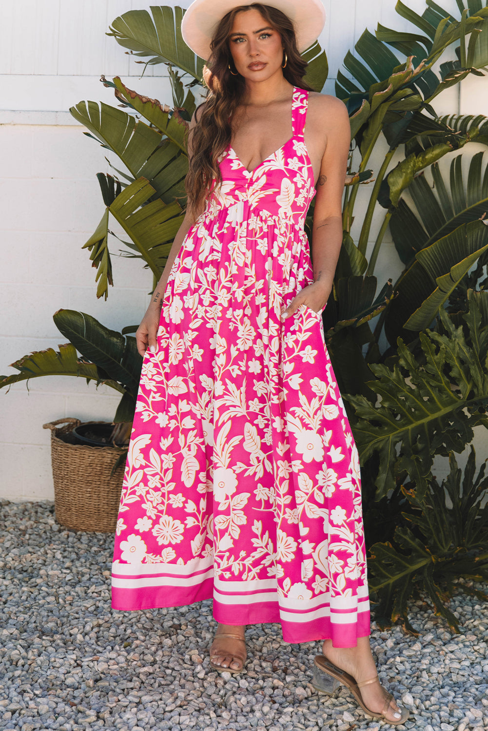 Rose Floral V Neck Crisscross Backless Maxi Dress