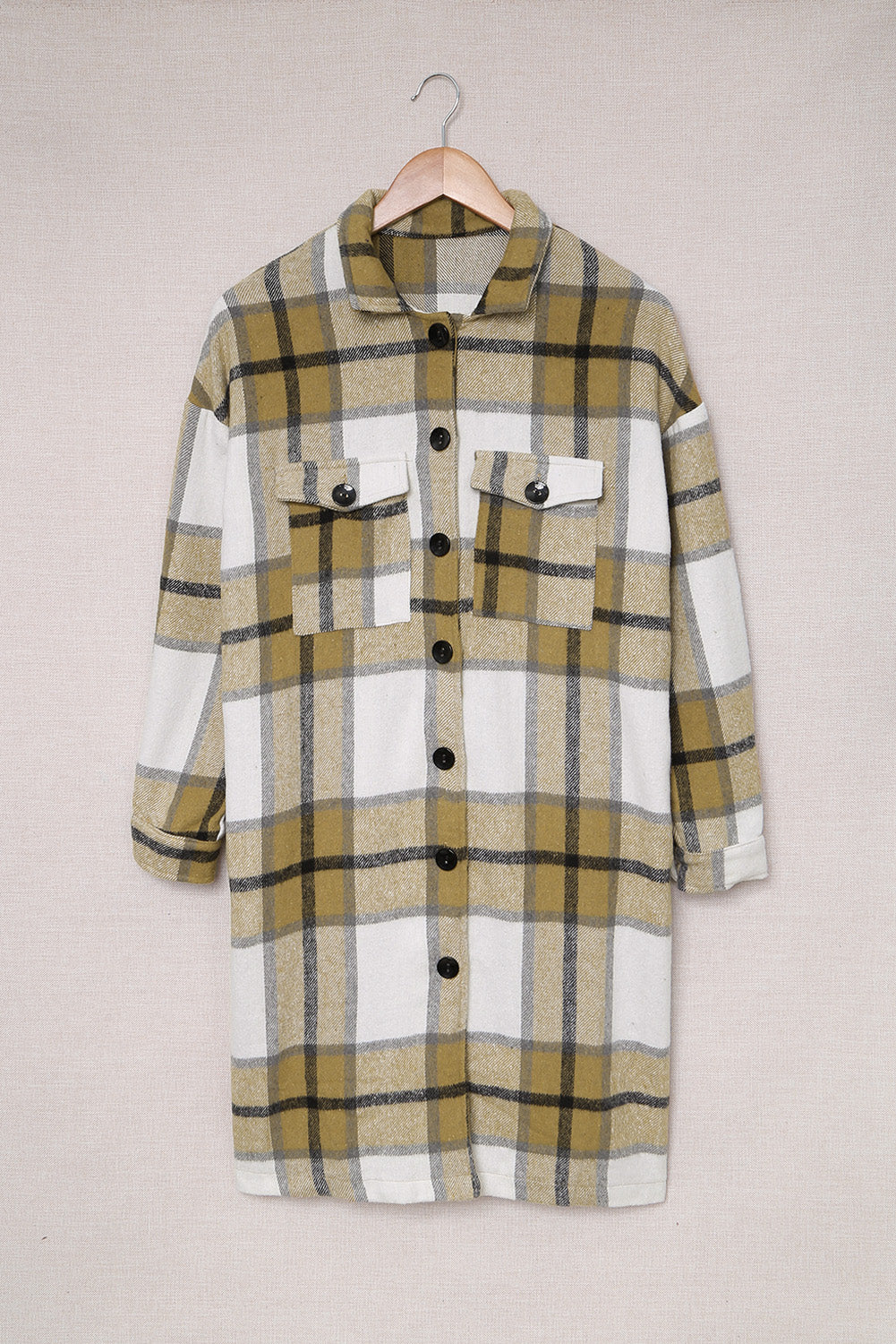 Khaki Shirt Collar Button Closure Plaid Coat