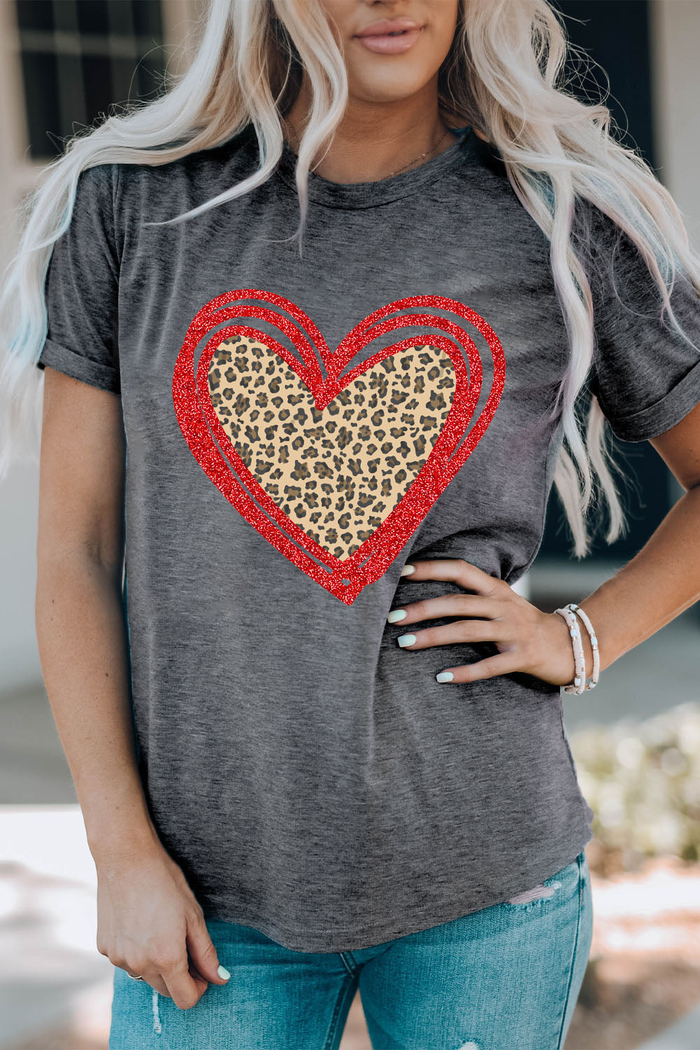 Gray Sequin Leopard Heart Graphic T-shirt