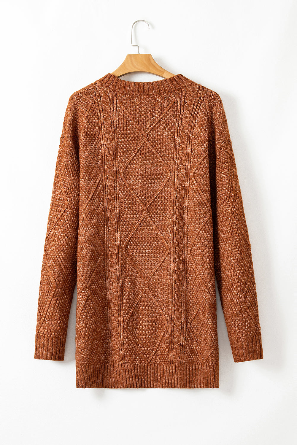 Coffee Cable Knit Drop Shoulder Loose Fit Sweater Dress