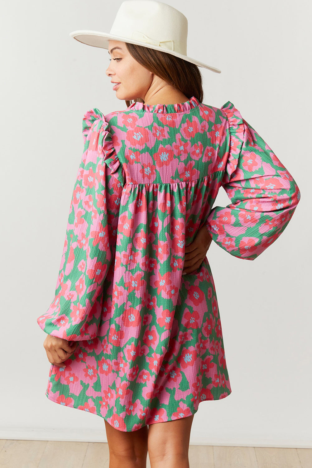 Pink Split V Neck Bubble Sleeve Loose Floral Dress