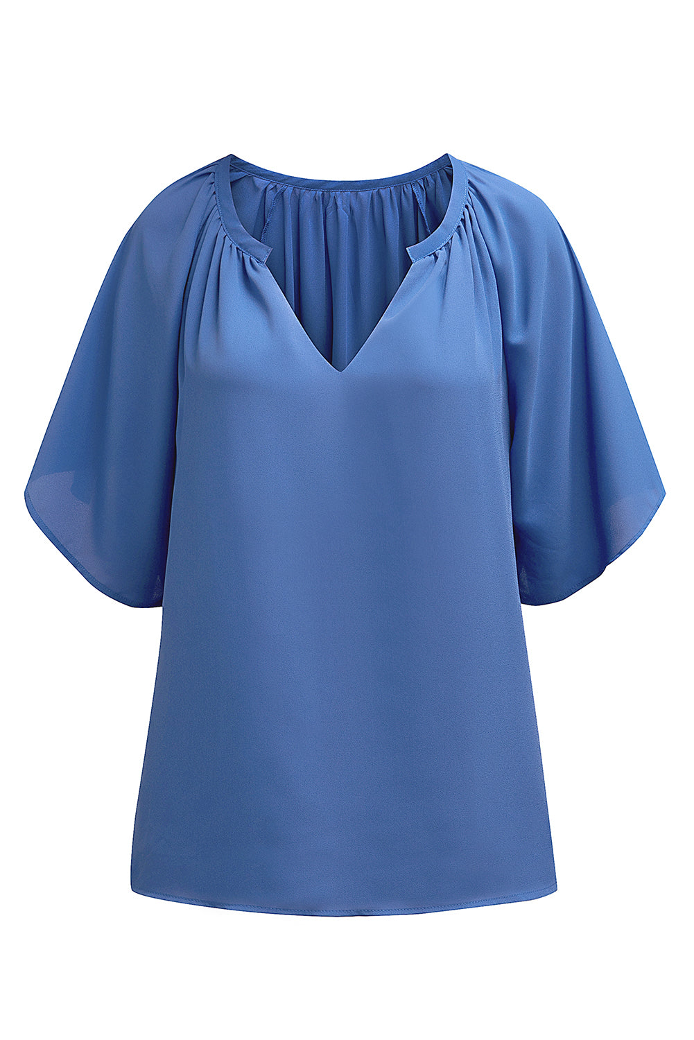 Blue Split Neck Pleated Loose Blouse