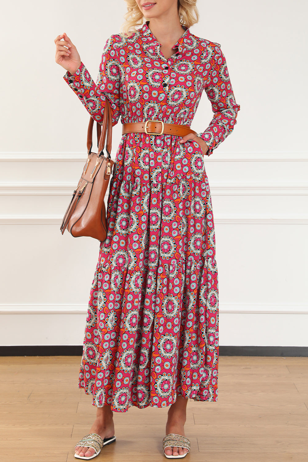 Floral Print Long Sleeve Shirt Bodice Flared Maxi Dress