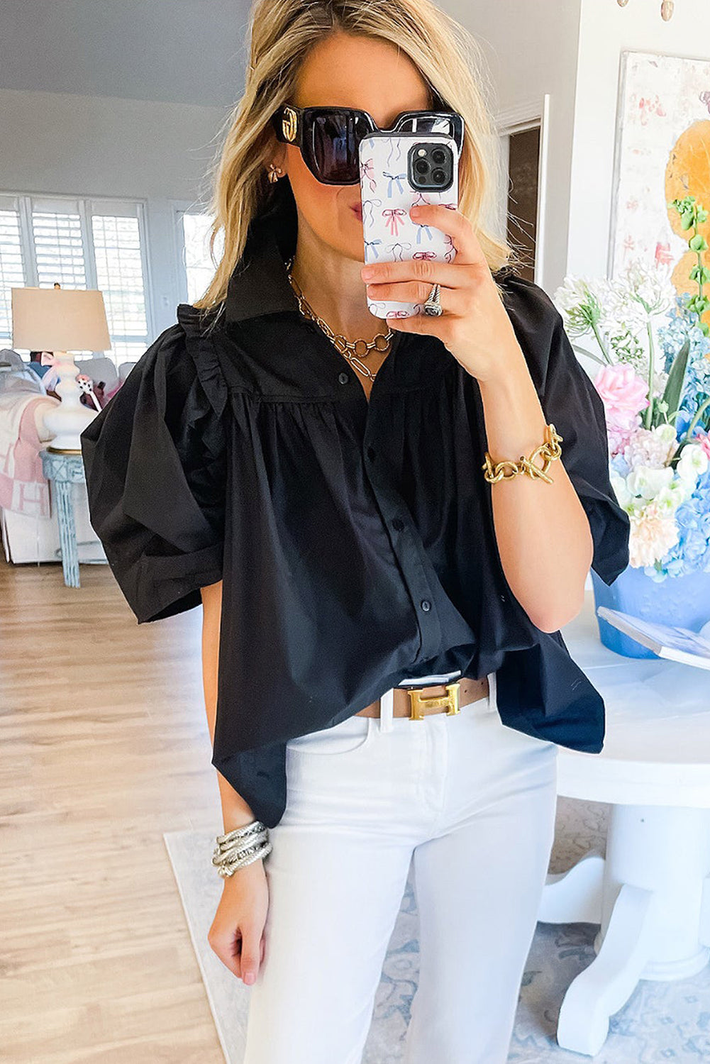 Black Crisp Puff Sleeve Loose Shirt