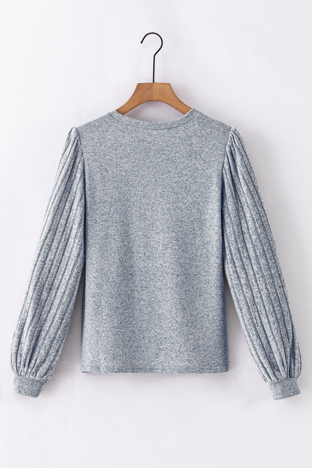 Gray Contrast Ribbed Bishop Sleeve Top