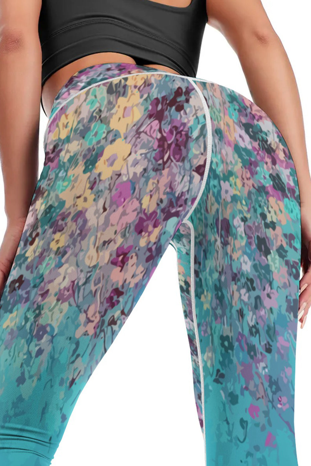 Sky Blue Contrast Trim Abstract Floral Yoga Pants