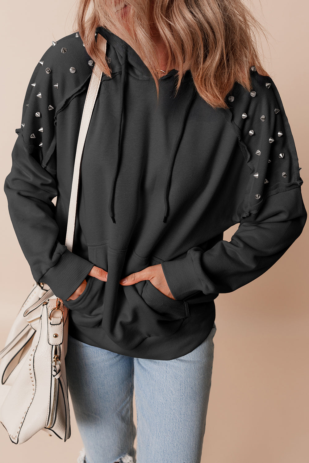 Black Solid Color Rivet Stud Raglan Sleeve Hoodie with Pocket