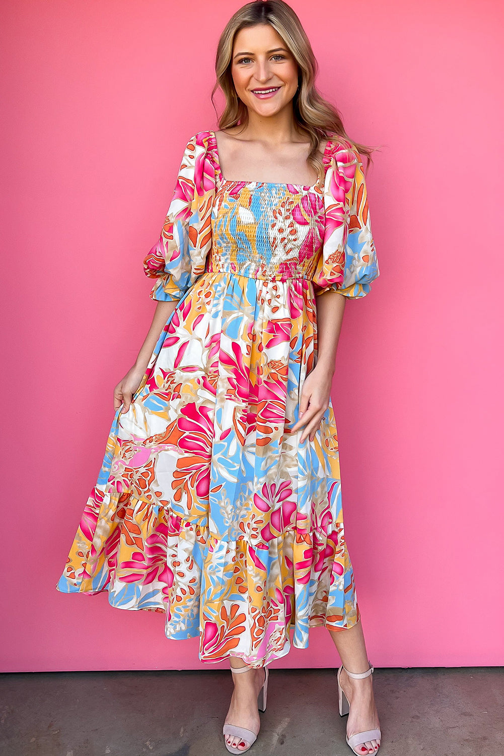 Rose Red Tropical Print Smocked Bodice Puff Sleeve Maxi Dress