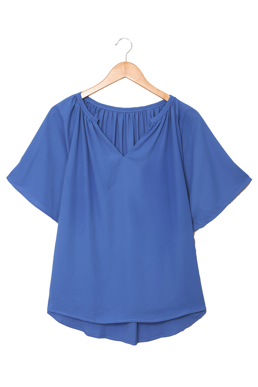 Blue Split Neck Pleated Loose Blouse