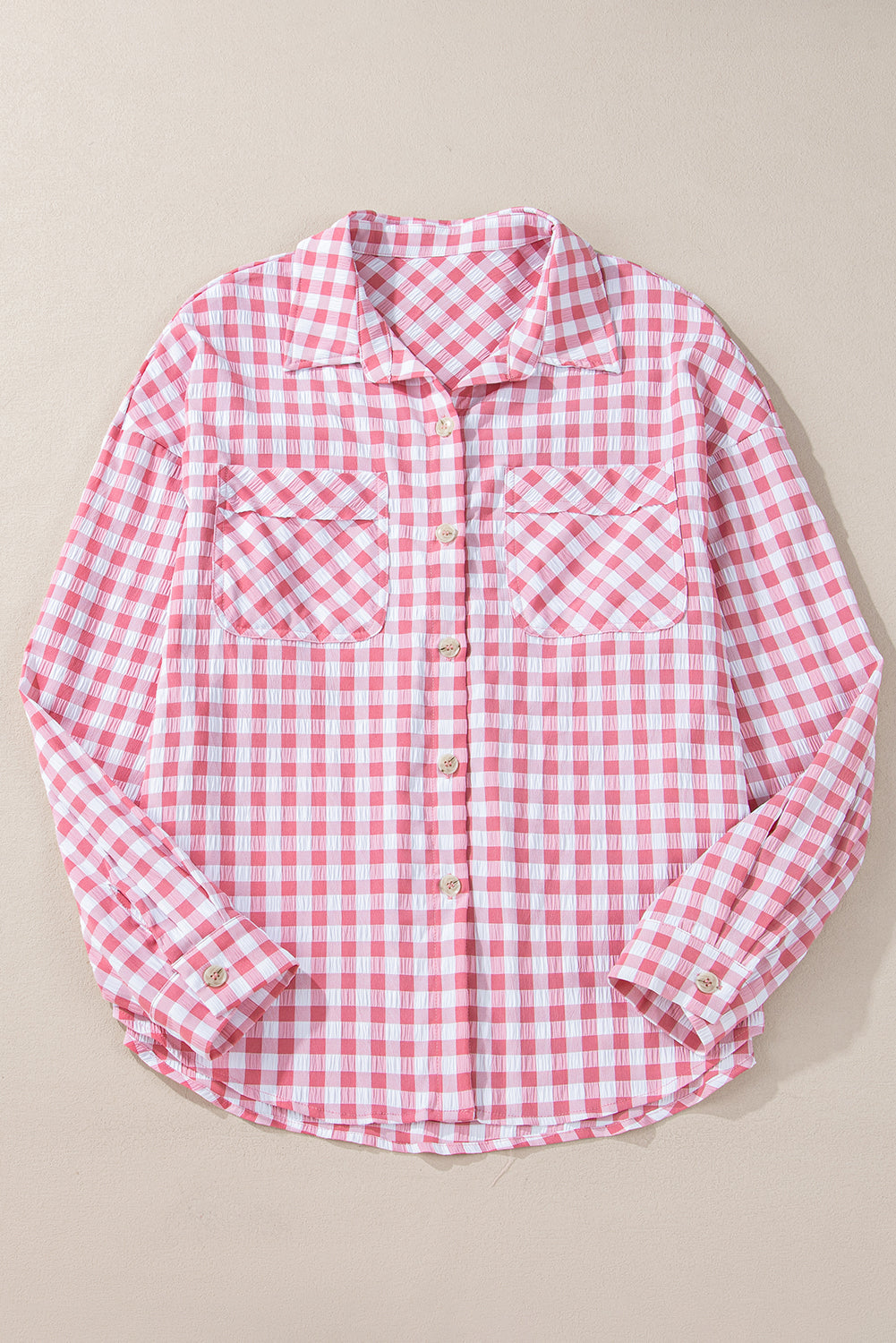 Pink Gingham Print Chest Pockets Buttoned Collared Shirt