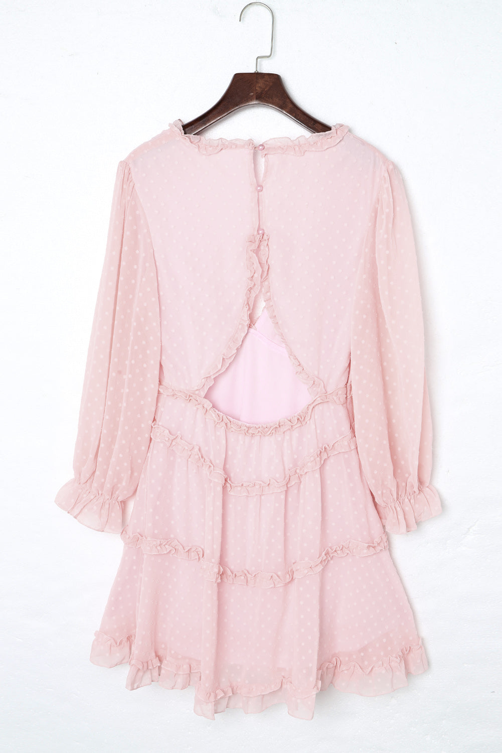 Pink Layered Ruffled Open Back Puff Sleeve Swiss Dot Mini Dress