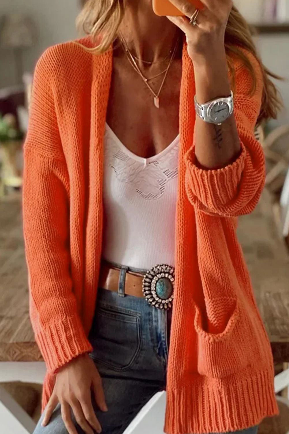 Orange Plain Dual Pockets Open Front Cardigan