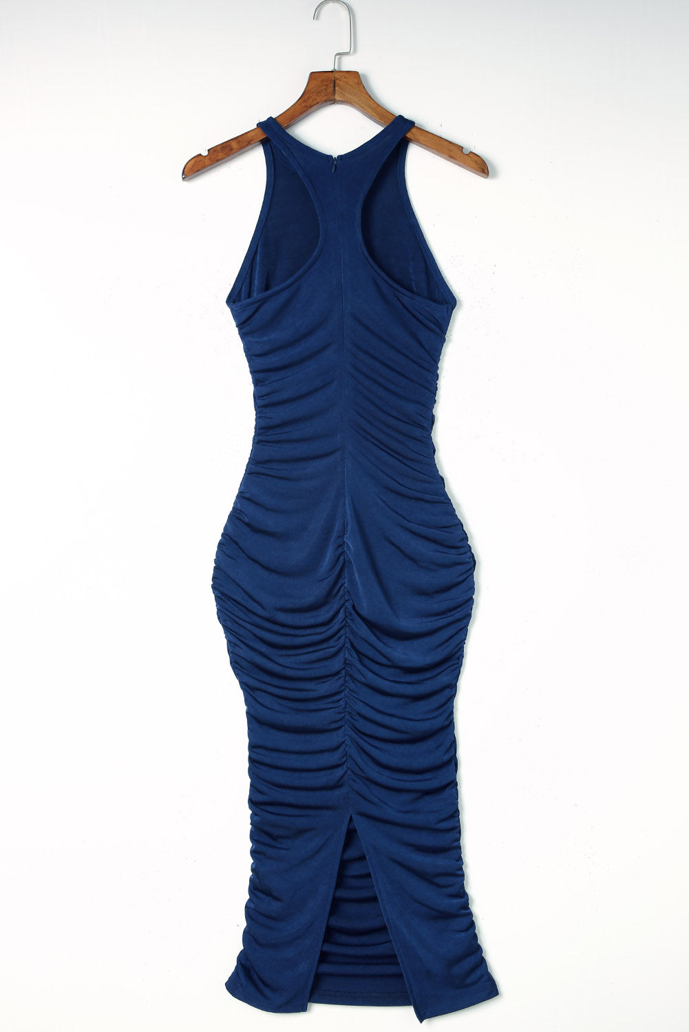 Blue Racer Back Ruched Knit Midi Dress