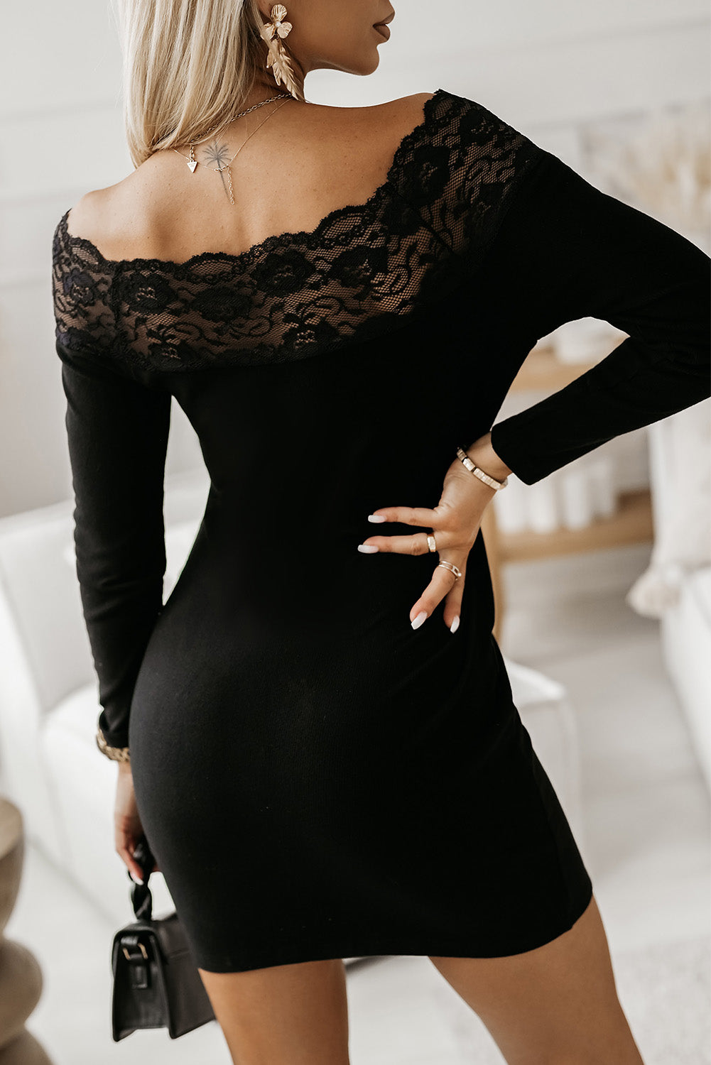 Black Lace Paneled Package Hip Knitted Bodycon Dress