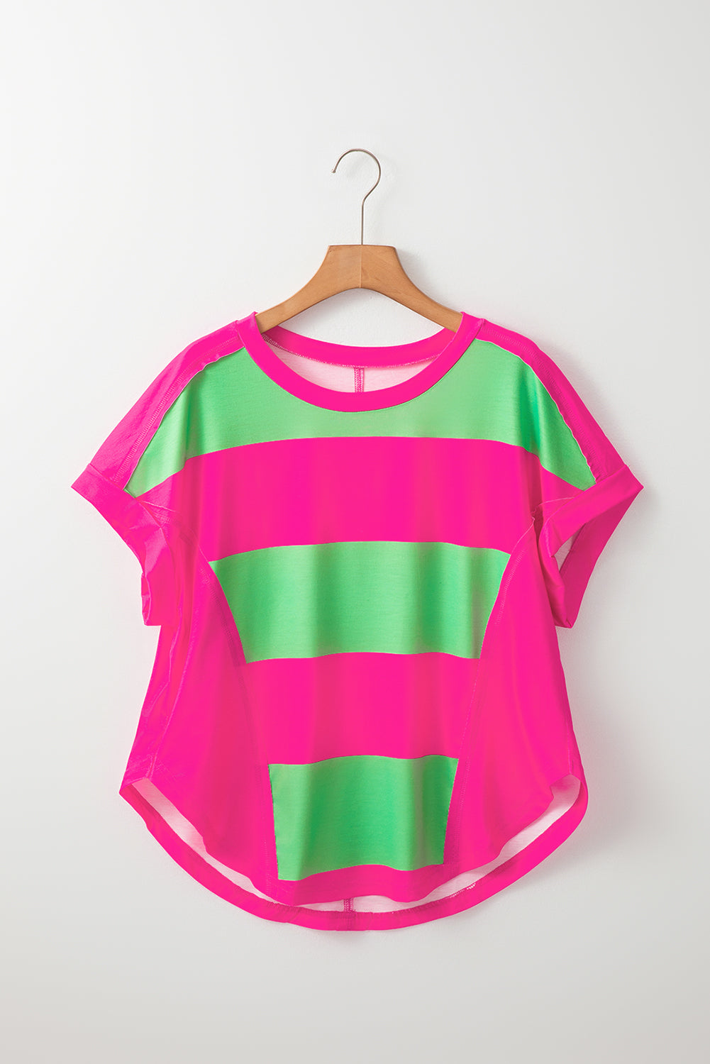 Green Colorblock Rounded Hem Loose T Shirt