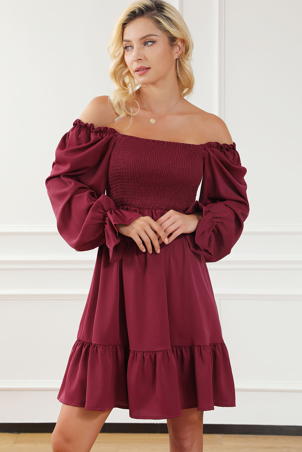 Burgundy Smocked Puff Sleeve Ruffle Mini Dress