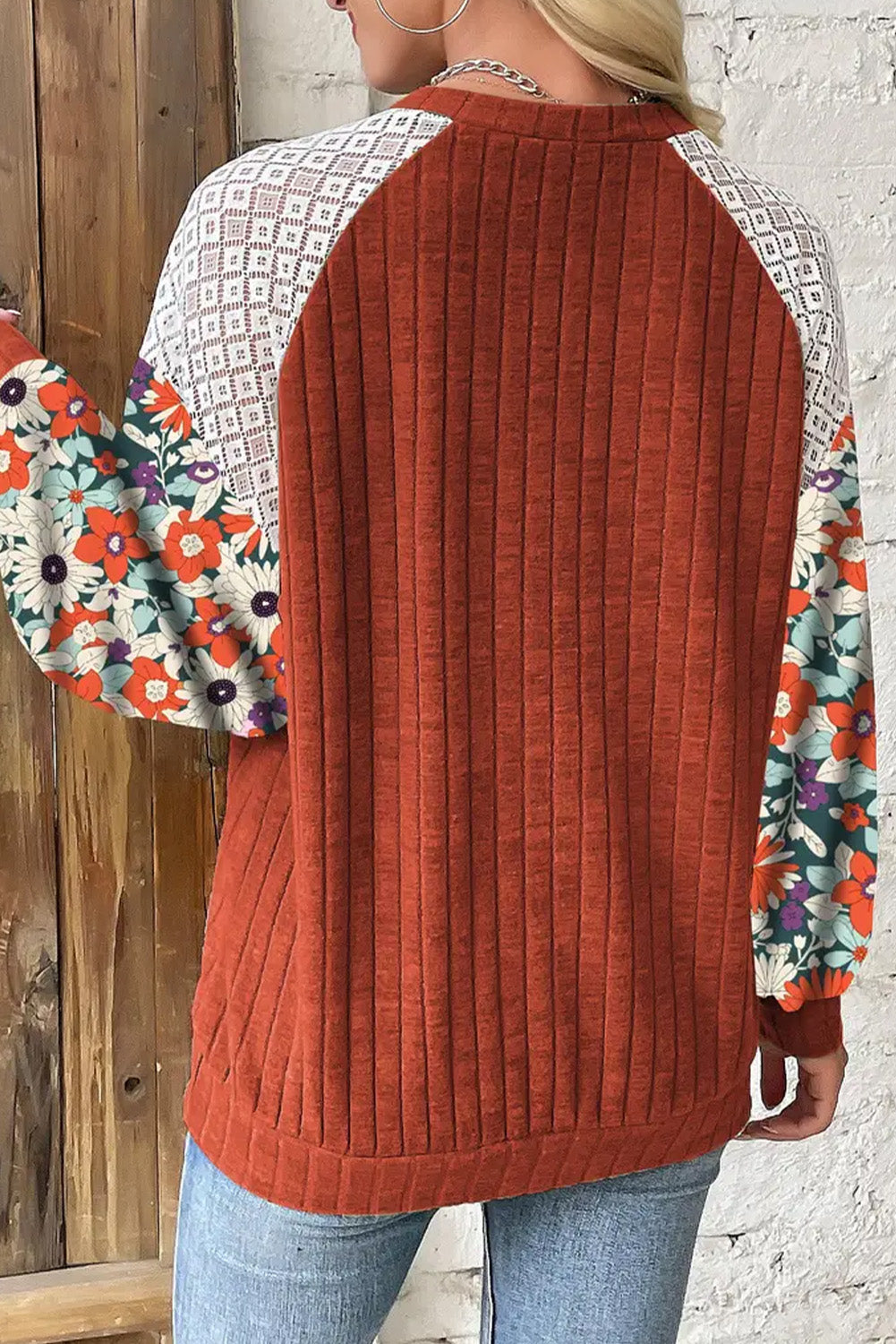 Cinnamon Floral Patchwork Long Sleeve Ribbed Blouse