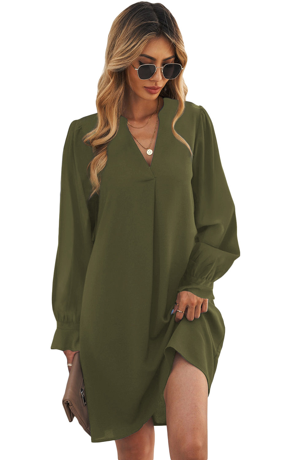 Green Split V Neck Ruffled Sleeves Shirt Dress