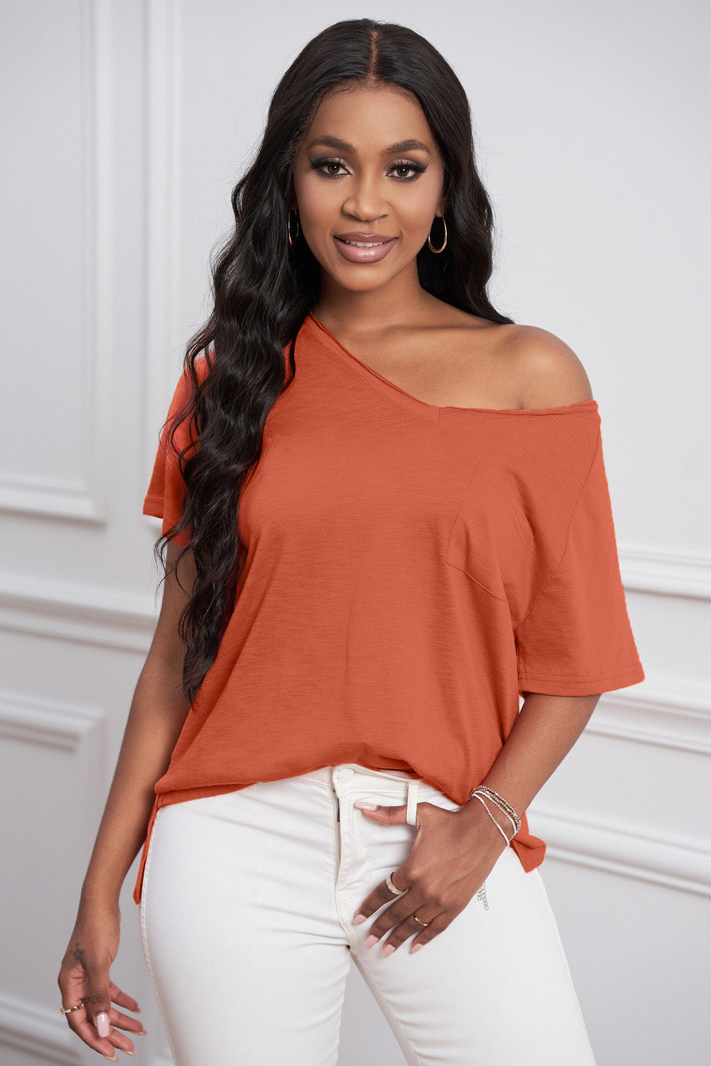 Orange V Neck Short Sleeves Cotton Blend Tee with Front Pocket and Side Slits