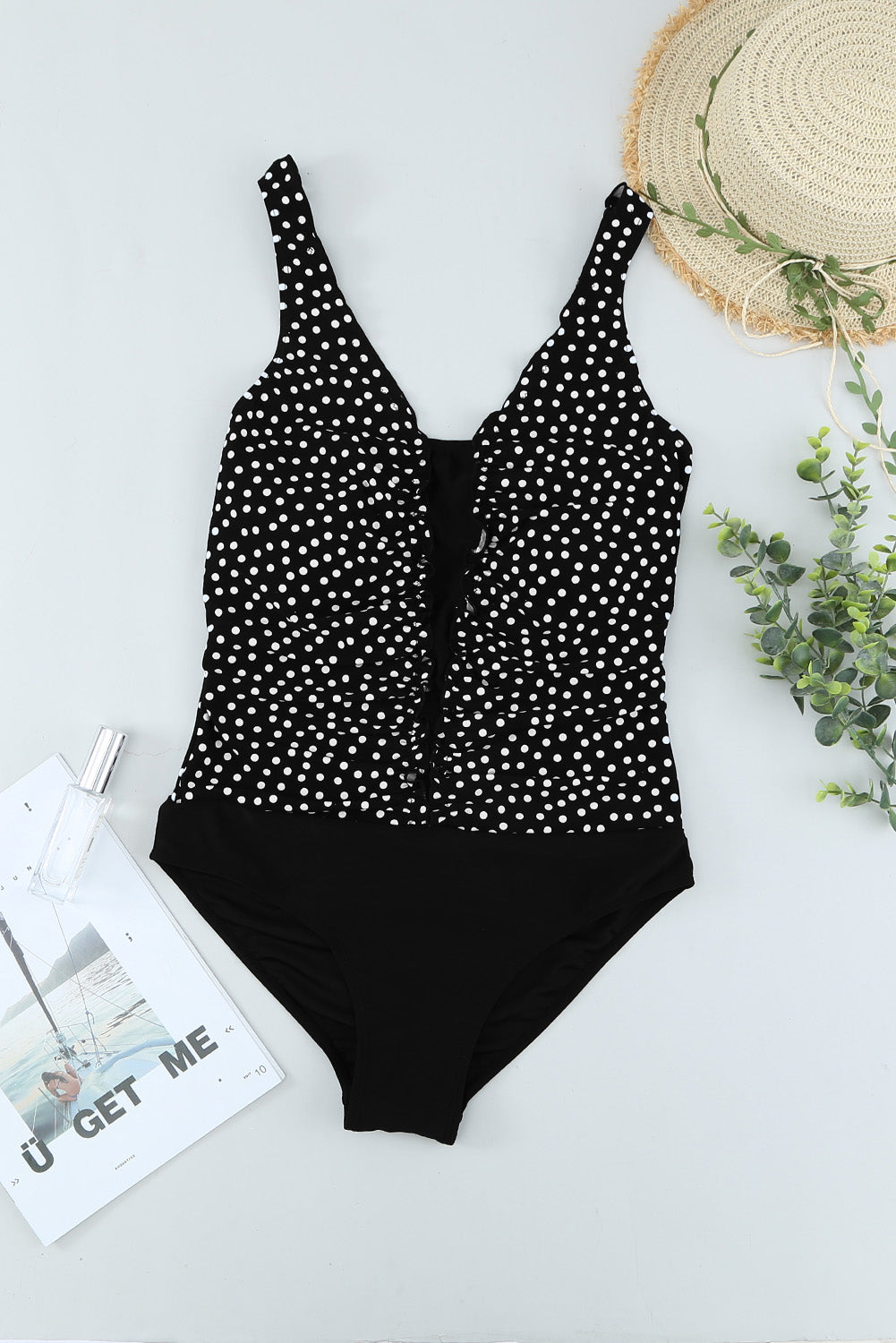 Black Dotted Print Ruffles One-piece Swimsuit