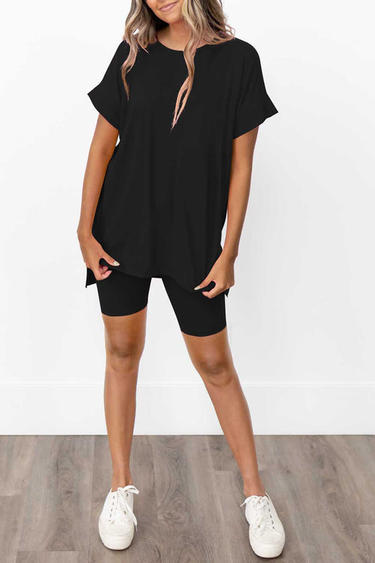 Black Solid Split Hem Tunic Tee and Tight Shorts Set