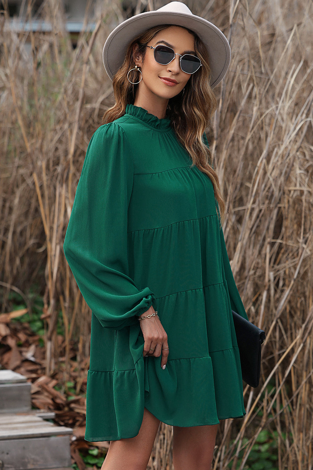 Green Puff Sleeve Mock Neck Back Knot Tiered Dress