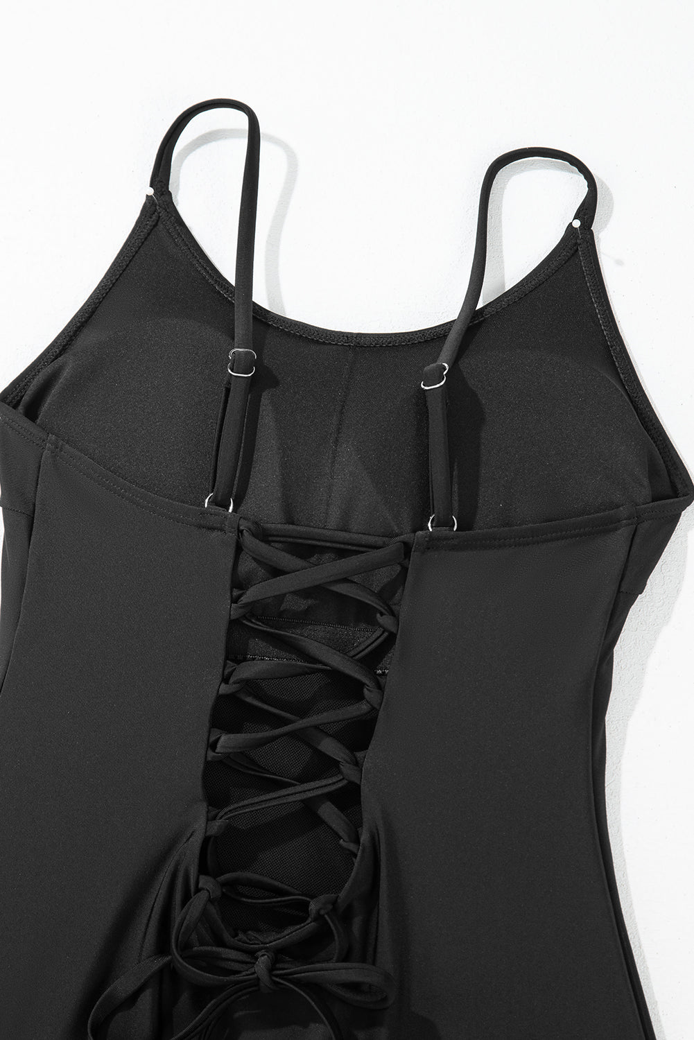 Black Thin Strap Strappy Lace-up Open Back One Piece Swimsuit