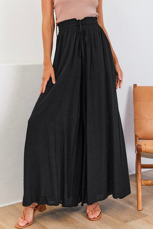 Black Drawstring Smocked High Waist Wide Leg Pants