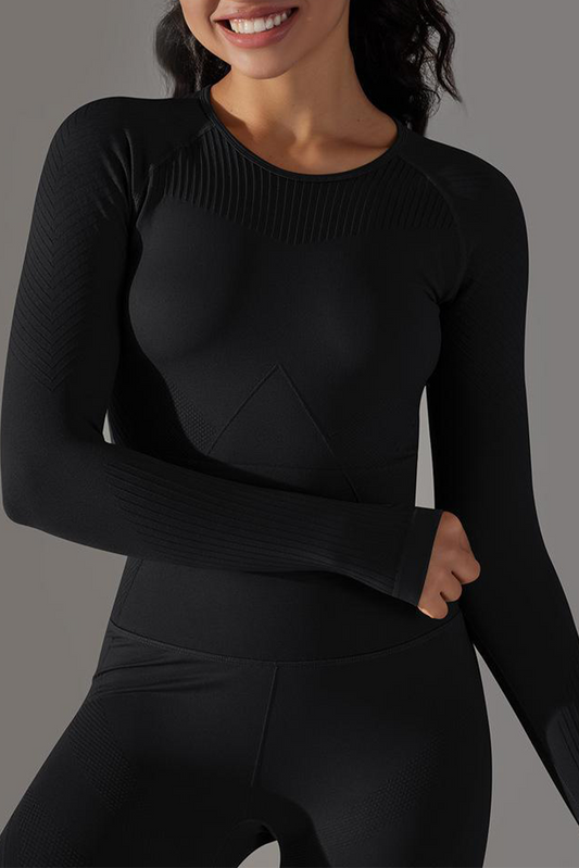 Black Solid Color Thumbholes Long Sleeve Active Crop Top