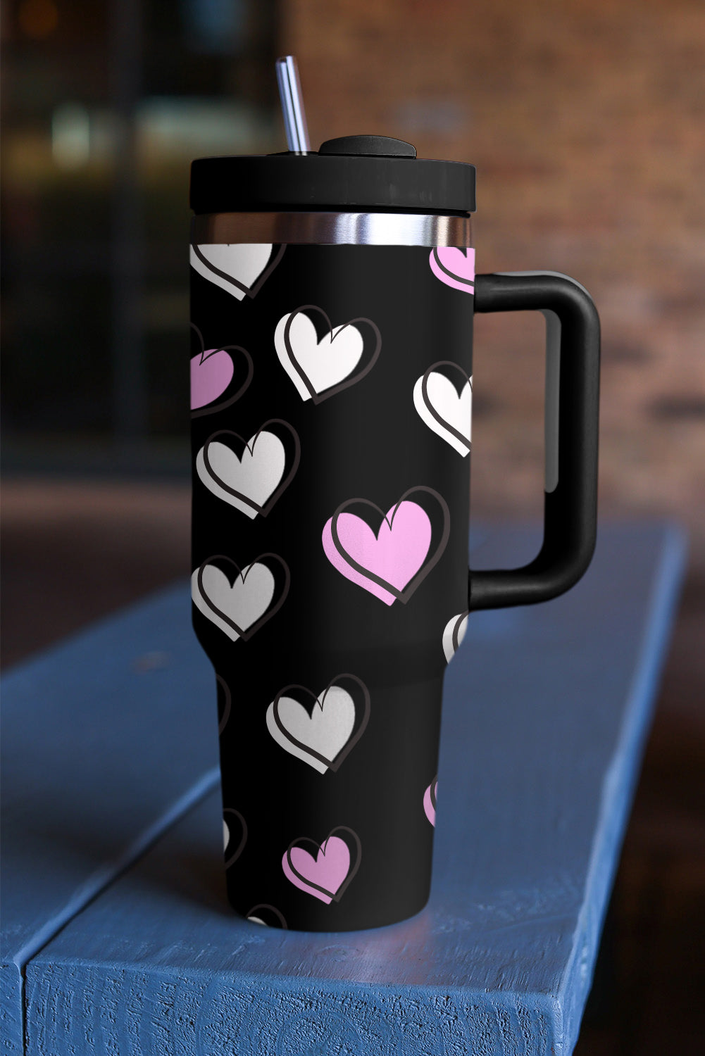 Black Valentines Heart Printed Thermos Cup with Handle 40oz