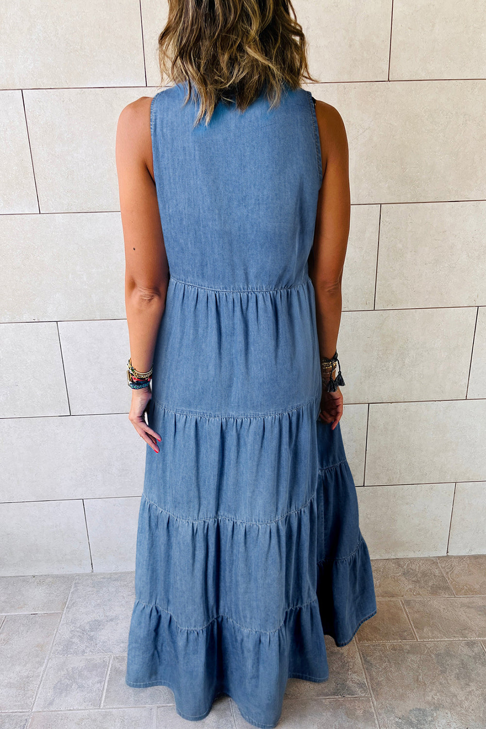 Blue Sleeveless Tiered Chambray Maxi Dress Trendy Doll